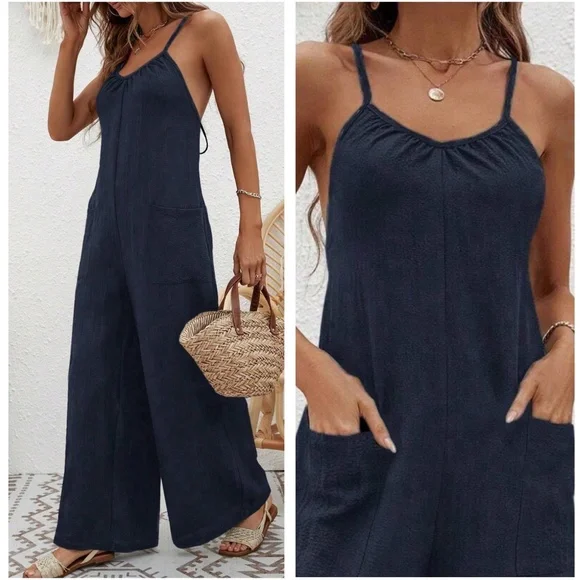 Solid Criss cross Tie Pockets Wide leg Jumpsuit - Picture 2 of 9